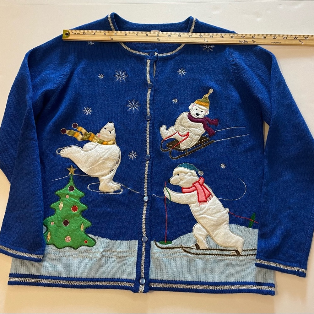 Holiday Embroidery Blue Sweater with Polar Bear Design READ